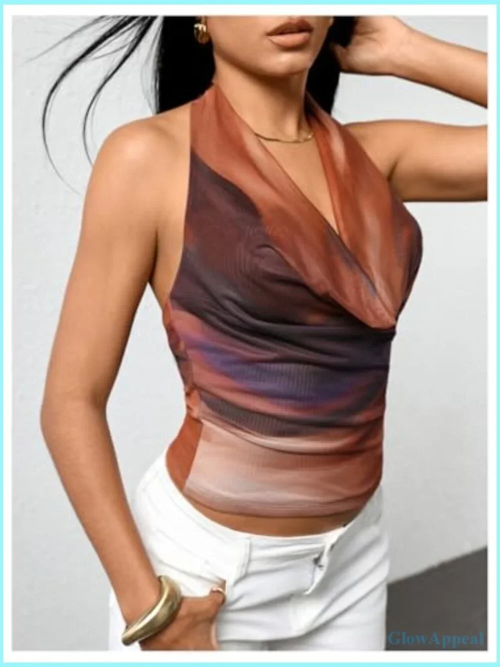 Polka Dot Halter Top Backless Deep V Cowl Neck Crop Tank
